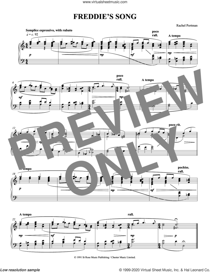 Freddie's Song sheet music for piano solo by Rachel Portman, intermediate skill level