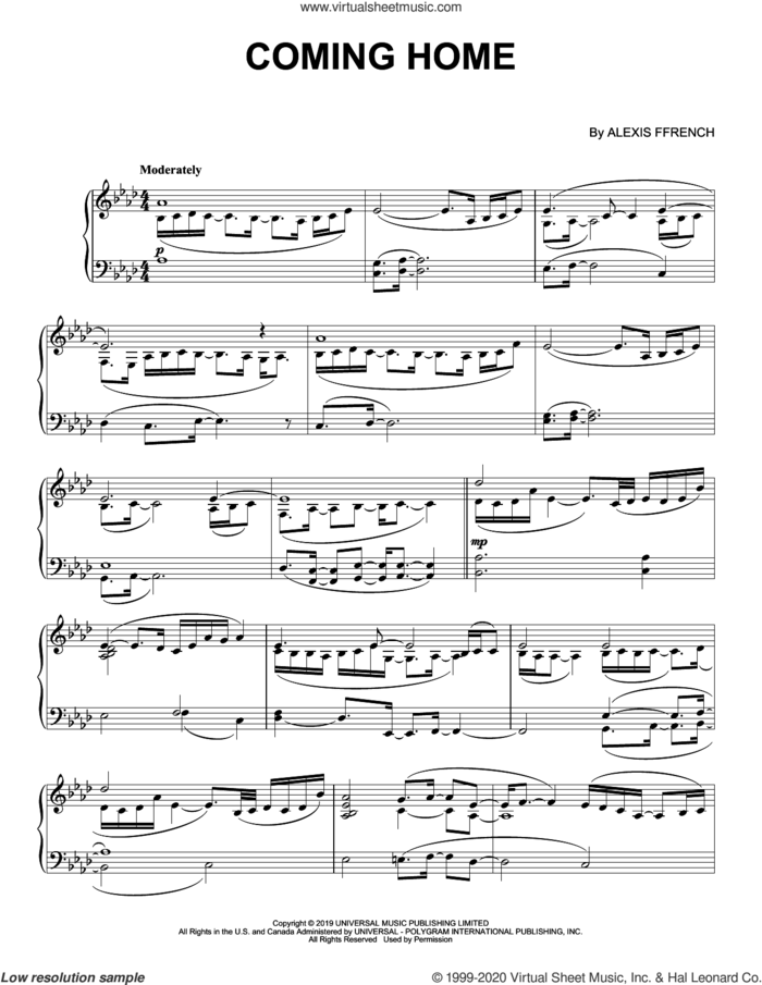 Coming Home sheet music for piano solo by Alexis Ffrench, intermediate skill level