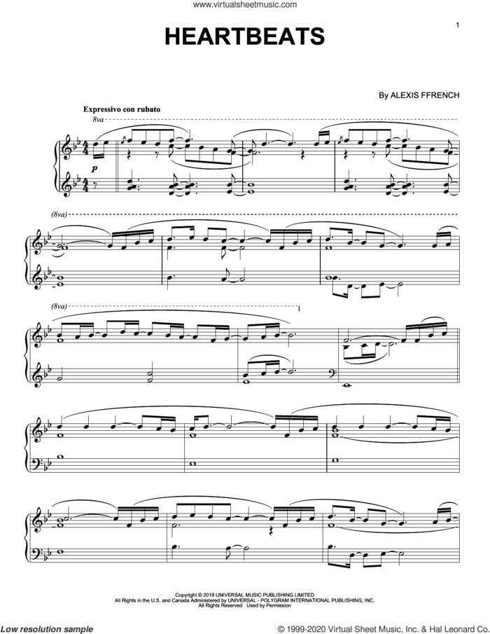 Heartbeats sheet music for piano solo by Alexis Ffrench, intermediate skill level