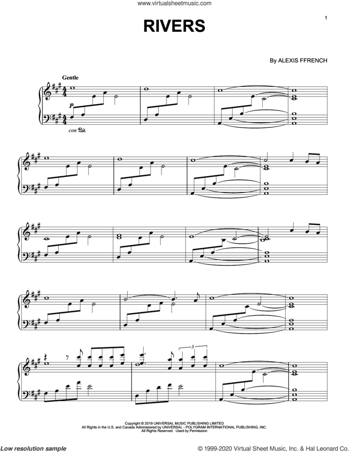 Rivers sheet music for piano solo by Alexis Ffrench, intermediate skill level