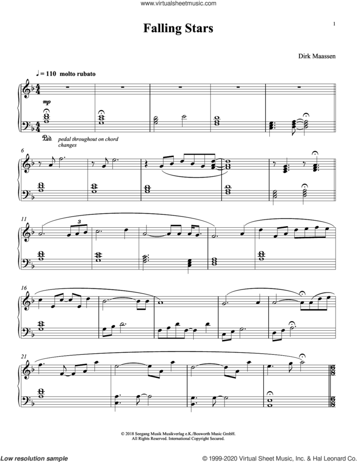 Falling Stars sheet music for piano solo by Dirk Maassen, intermediate skill level