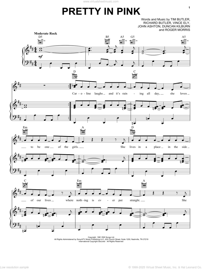 Pretty In Pink sheet music for voice, piano or guitar by The Psychedelic Furs, Duncan Kilburn, John Ashton, Richard Butler, Roger Morris, Tim Butler and Vince Ely, intermediate skill level