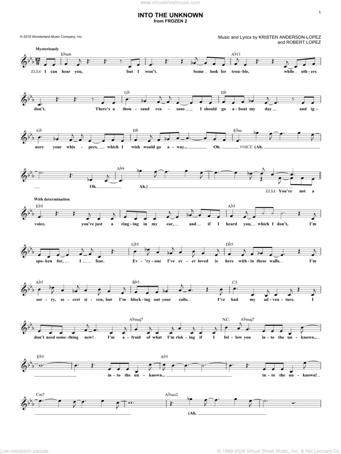 Into The Unknown (from Disney's Frozen 2) sheet music for voice and other instruments (fake book) by Idina Menzel and AURORA, Kristen Anderson-Lopez and Robert Lopez, intermediate skill level