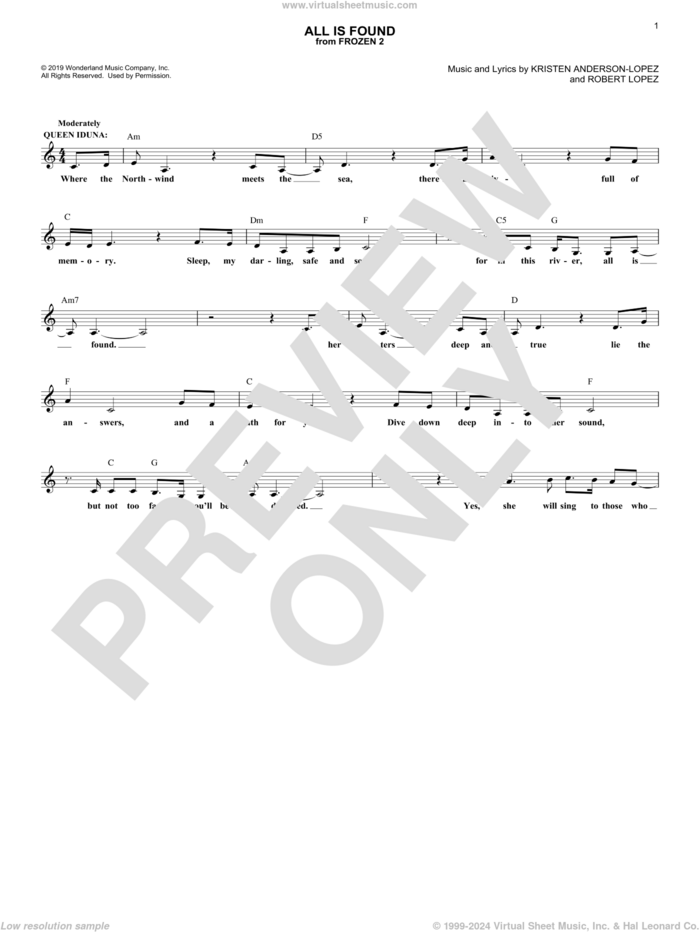 All Is Found (from Disney's Frozen 2) sheet music for voice and other instruments (fake book) by Evan Rachel Wood, Kristen Anderson-Lopez and Robert Lopez, intermediate skill level