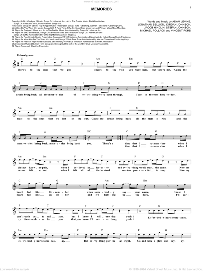 Memories sheet music for voice and other instruments (fake book) by Maroon 5, Adam Levine, Jacob Hindlin, Jon Bellion, Michael Pollack, Stefan Johnson and Vincent Ford, intermediate skill level