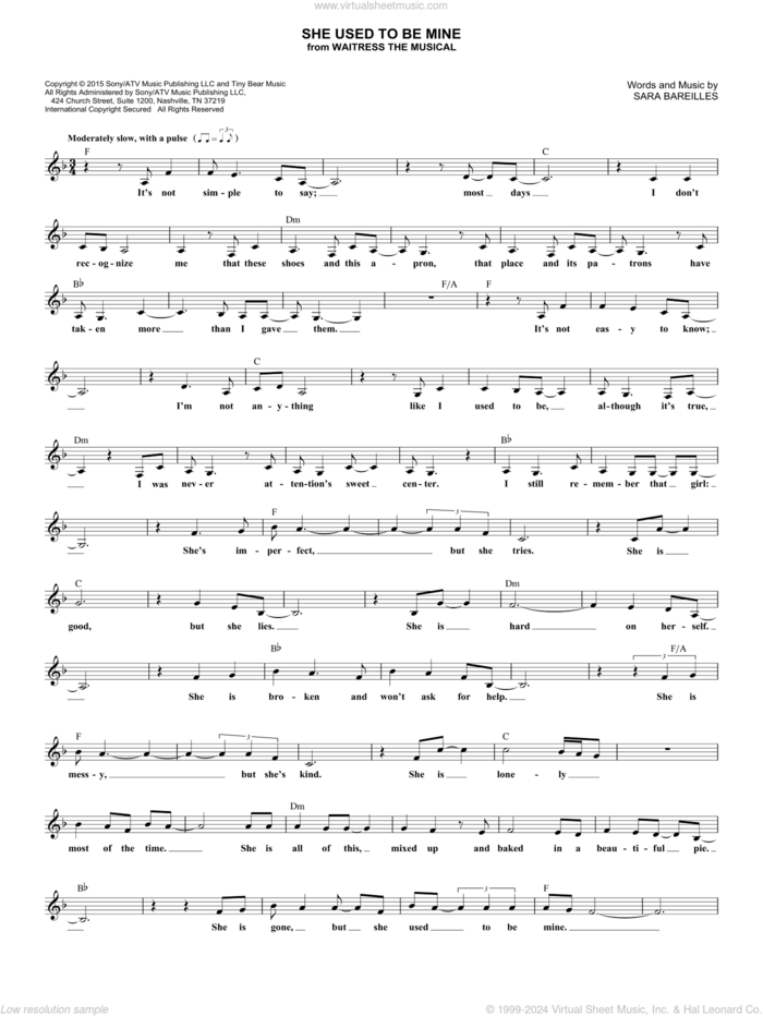 She Used To Be Mine (from Waitress the Musical) sheet music for voice and other instruments (fake book) by Sara Bareilles, intermediate skill level