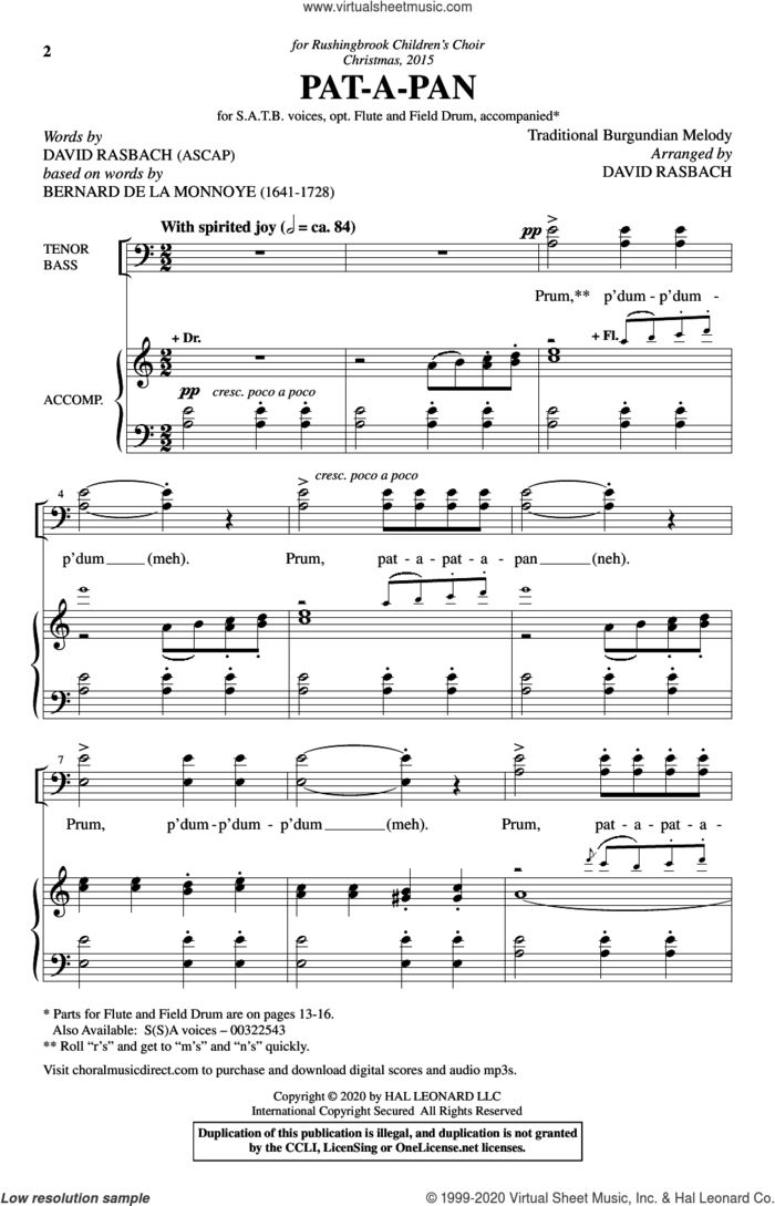 Pat-A-Pan (arr. David Rasbach) sheet music for choir (SATB: soprano, alto, tenor, bass) by Traditional Burgundian Melody and David Rasbach, intermediate skill level
