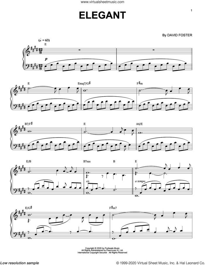 Elegant sheet music for piano solo by David Foster, intermediate skill level