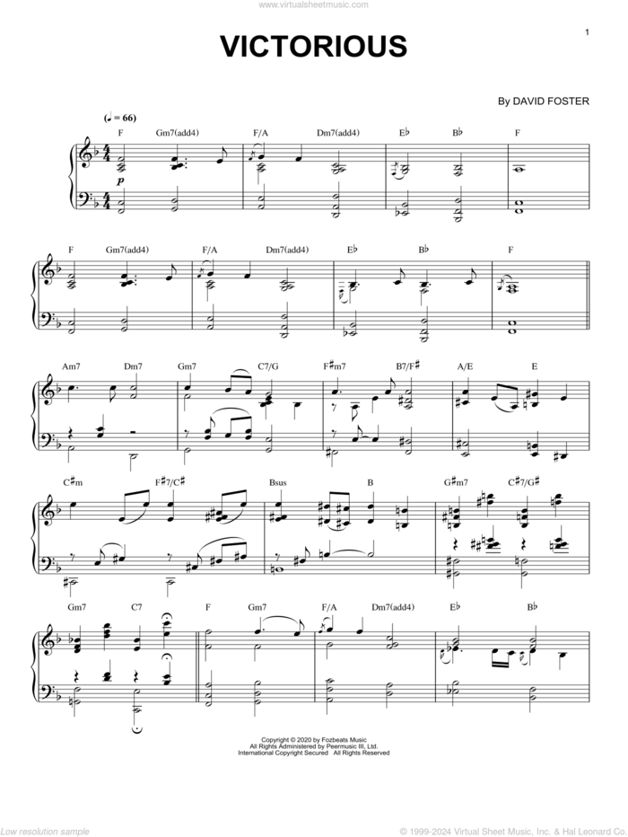 Victorious sheet music for piano solo by David Foster, intermediate skill level