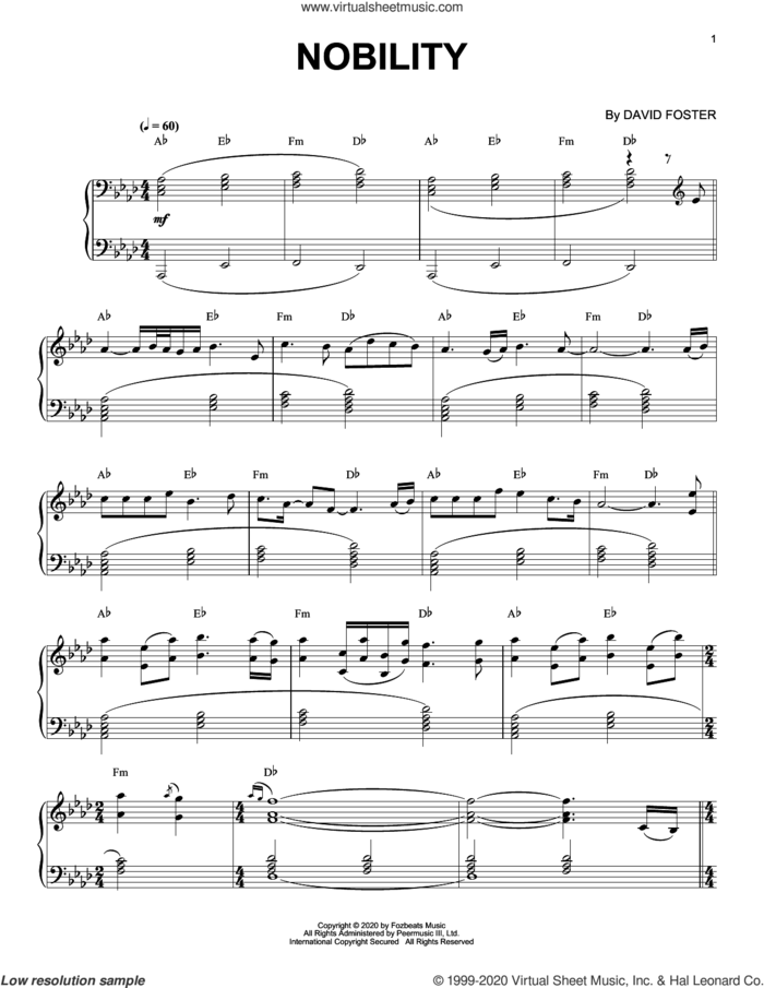 Nobility sheet music for piano solo by David Foster, intermediate skill level