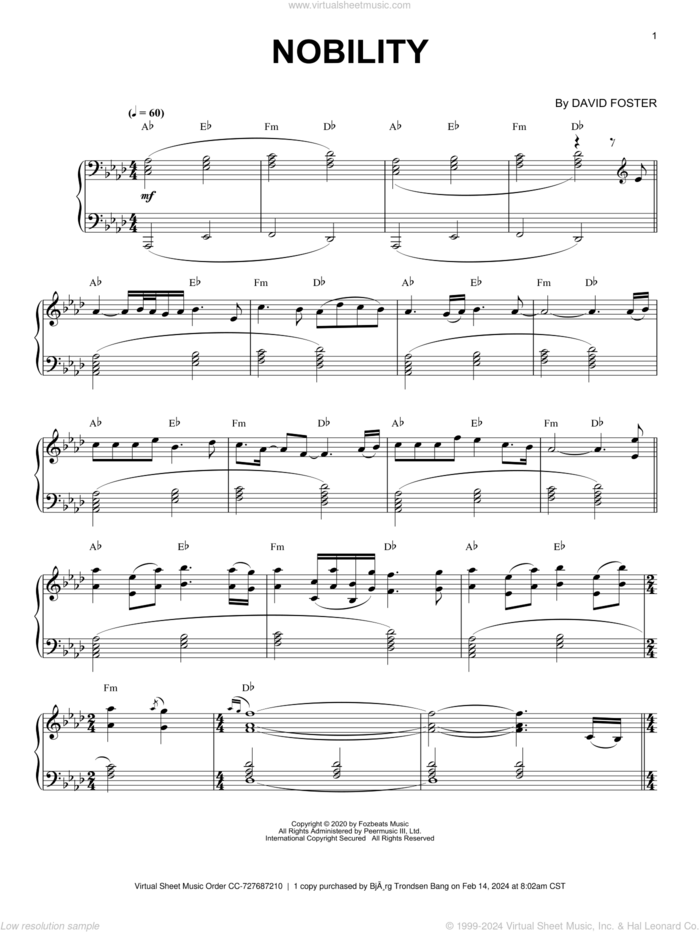 Nobility sheet music for piano solo by David Foster, intermediate skill level