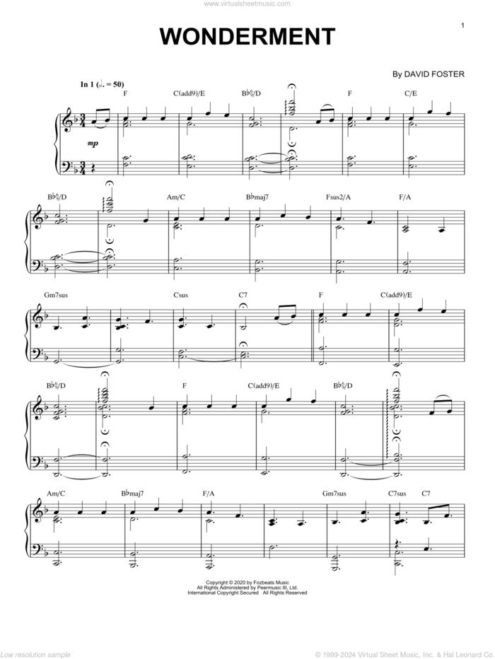 Wonderment sheet music for piano solo by David Foster, intermediate skill level