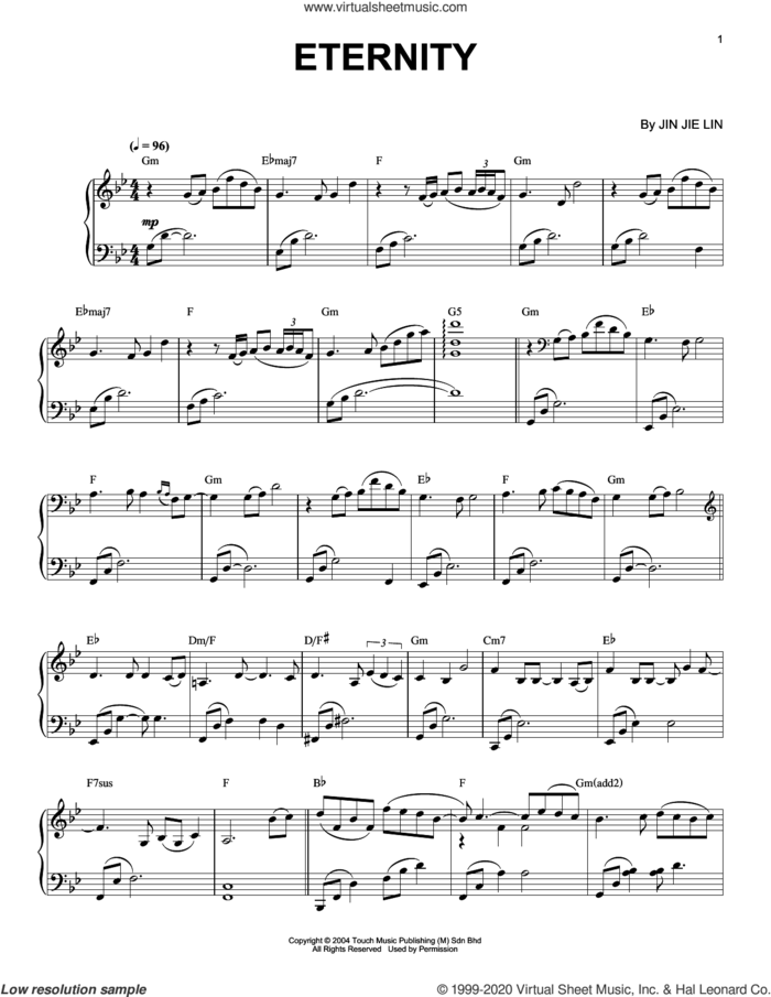 Eternity sheet music for piano solo by David Foster and Jin Jie Lin, intermediate skill level