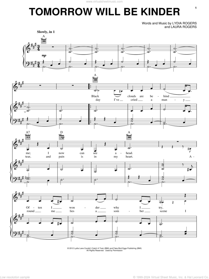 Tomorrow Will Be Kinder (from The Hunger Games: Songs from District 12 and Beyond) sheet music for voice, piano or guitar by The Secret Sisters, Laura Rogers and Lydia Rogers, intermediate skill level