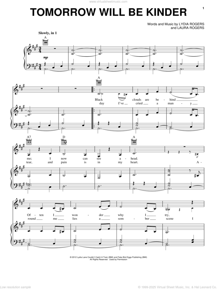 Tomorrow Will Be Kinder (from The Hunger Games: Songs from District 12 and Beyond) sheet music for voice, piano or guitar by The Secret Sisters, Laura Rogers and Lydia Rogers, intermediate skill level