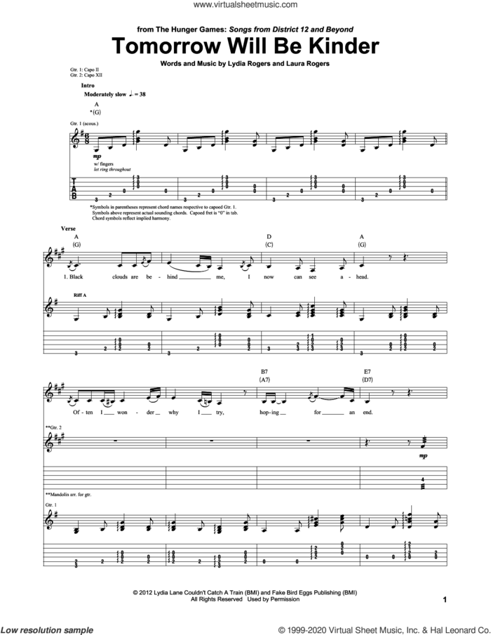 Tomorrow Will Be Kinder (from The Hunger Games: Songs from District 12 and Beyond) sheet music for guitar (tablature) by The Secret Sisters, Laura Rogers and Lydia Rogers, intermediate skill level