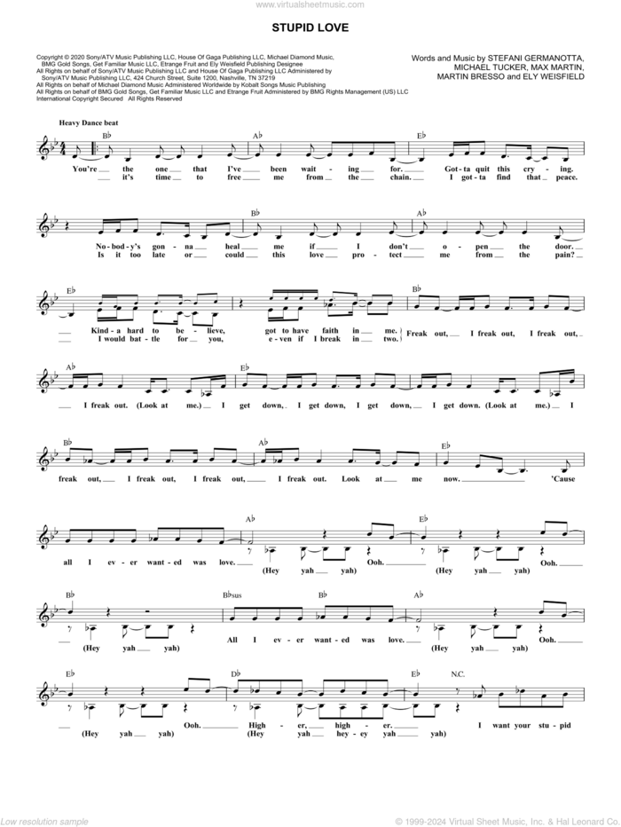 Stupid Love sheet music for voice and other instruments (fake book) by Lady Gaga, Ely Weisfield, Martin Bresso, Max Martin and Michael Tucker, intermediate skill level