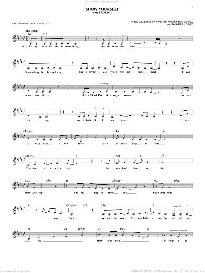 Show Yourself (from Disney's Frozen 2) sheet music for voice and other instruments (fake book) by Idina Menzel and Evan Rachel Wood, Kristen Anderson-Lopez and Robert Lopez, intermediate skill level