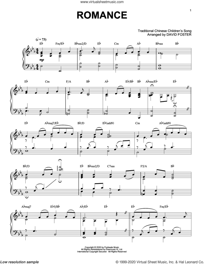 Romance sheet music for piano solo by David Foster, intermediate skill level