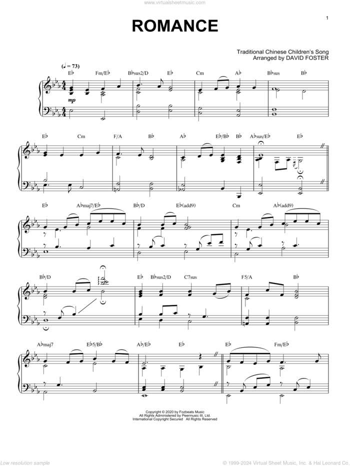 Romance sheet music for piano solo by David Foster, intermediate skill level