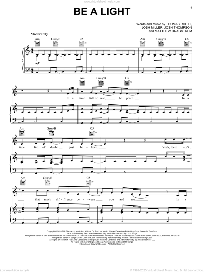 Be A Light sheet music for voice, piano or guitar by Thomas Rhett, Reba McEntire, Hillary Scott, Chris Tomlin and Kei, Josh Miller, Josh Thompson, Matthew Dragstrem and Thomas Rhett, intermediate skill level