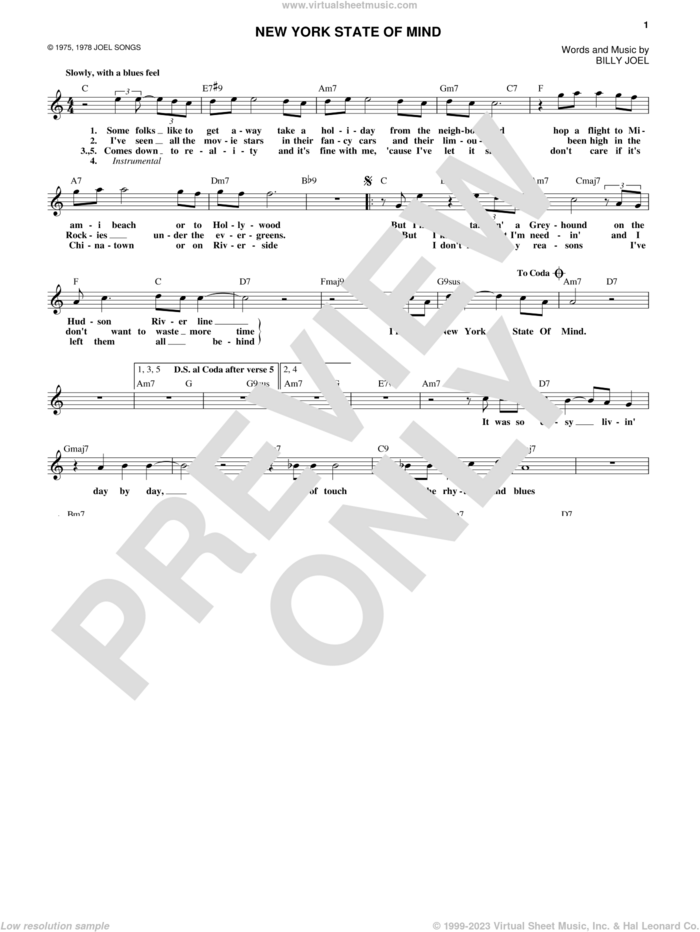 New York State Of Mind sheet music for voice and other instruments (fake book) by Billy Joel, intermediate skill level