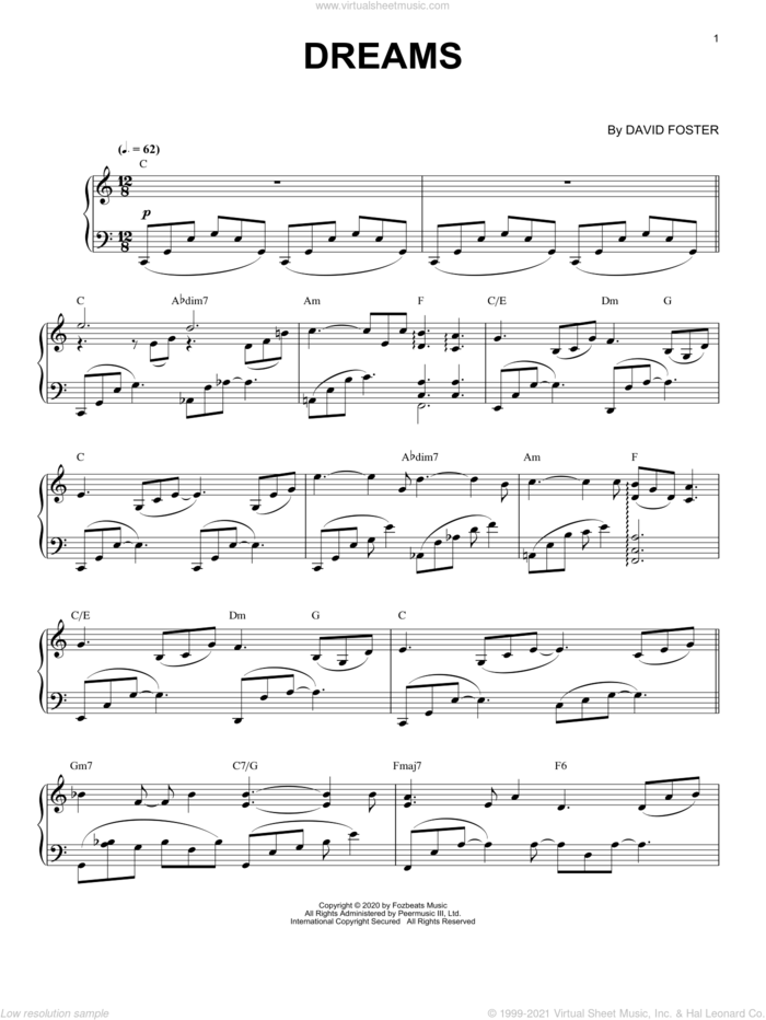 Dreams sheet music for piano solo by David Foster, intermediate skill level