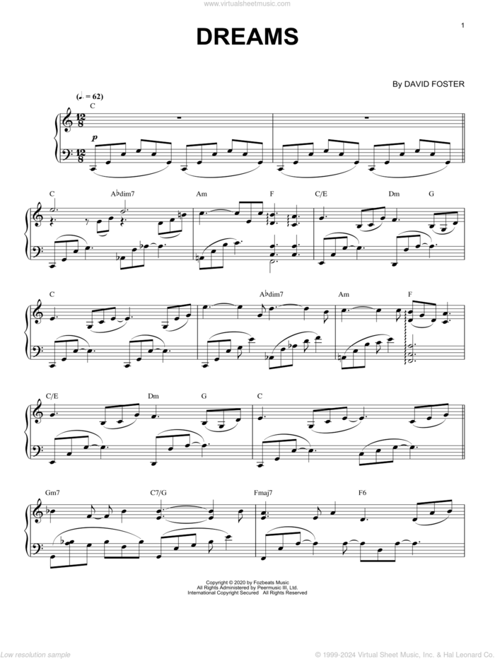 Dreams sheet music for piano solo by David Foster, intermediate skill level