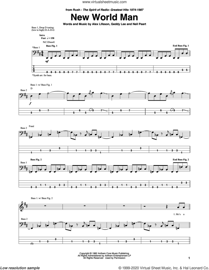 New World Man sheet music for bass (tablature) (bass guitar) by Rush, Alex Lifeson, Geddy Lee and Neil Peart, intermediate skill level