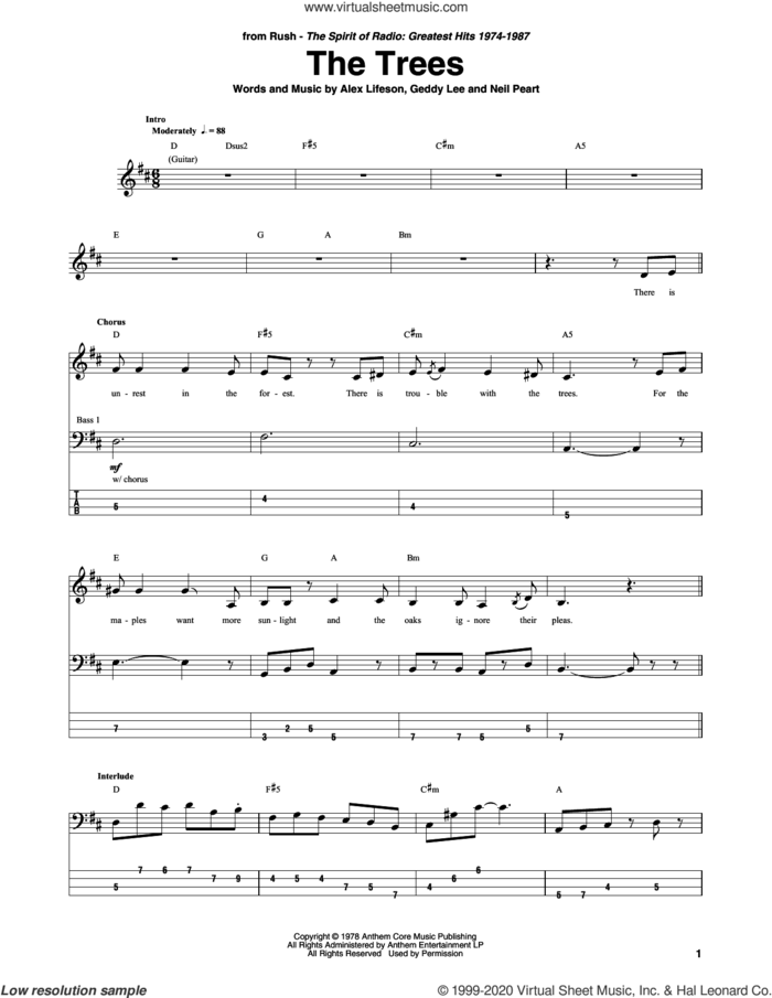 The Trees sheet music for bass (tablature) (bass guitar) by Rush, Alex Lifeson, Geddy Lee and Neil Peart, intermediate skill level