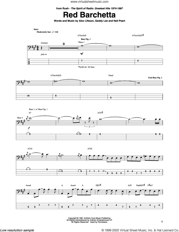 Red Barchetta sheet music for bass (tablature) (bass guitar) by Rush, Alex Lifeson, Geddy Leeson and Neil Peart, intermediate skill level