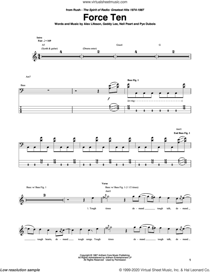 Force Ten sheet music for bass (tablature) (bass guitar) by Rush, Alex Lifeson, Geddy Lee, Neil Peart and Pye Dubois, intermediate skill level