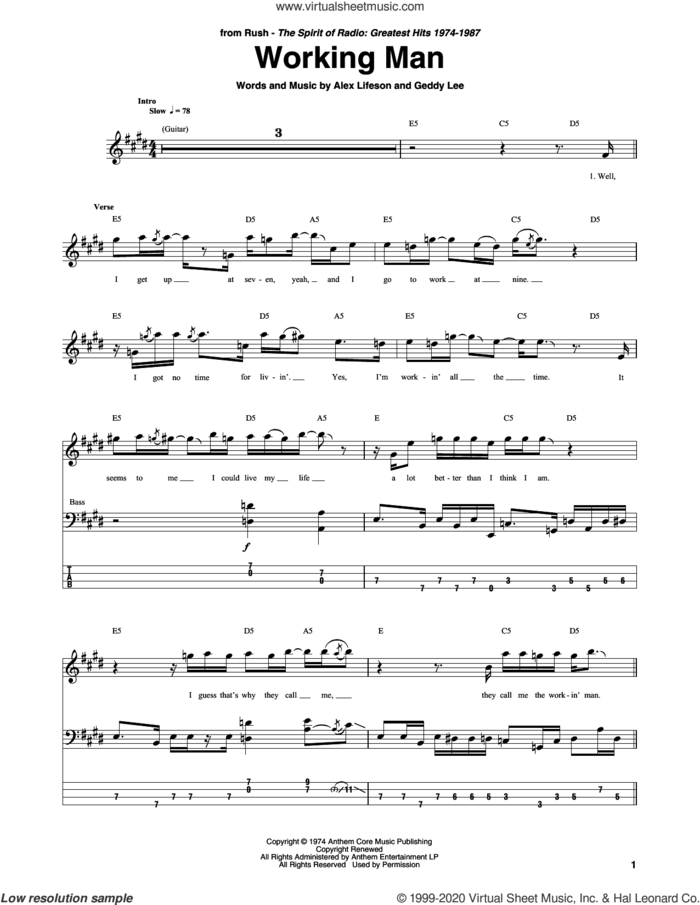 Working Man sheet music for bass (tablature) (bass guitar) by Rush, Alex Lifeson and Geddy Lee, intermediate skill level
