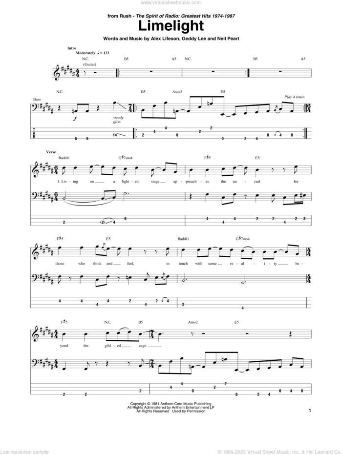 Limelight sheet music for bass (tablature) (bass guitar) by Rush, Alex Lifeson, Geddy Lee and Neil Peart, intermediate skill level