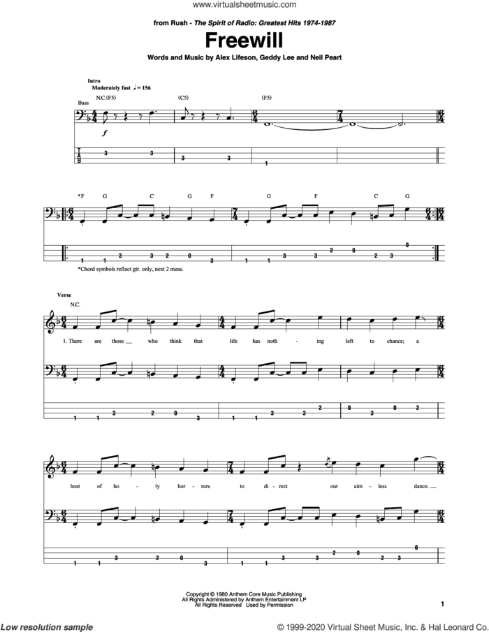 Freewill sheet music for bass (tablature) (bass guitar) by Rush, Alex Lifeson, Geddy Lee and Neil Peart, intermediate skill level
