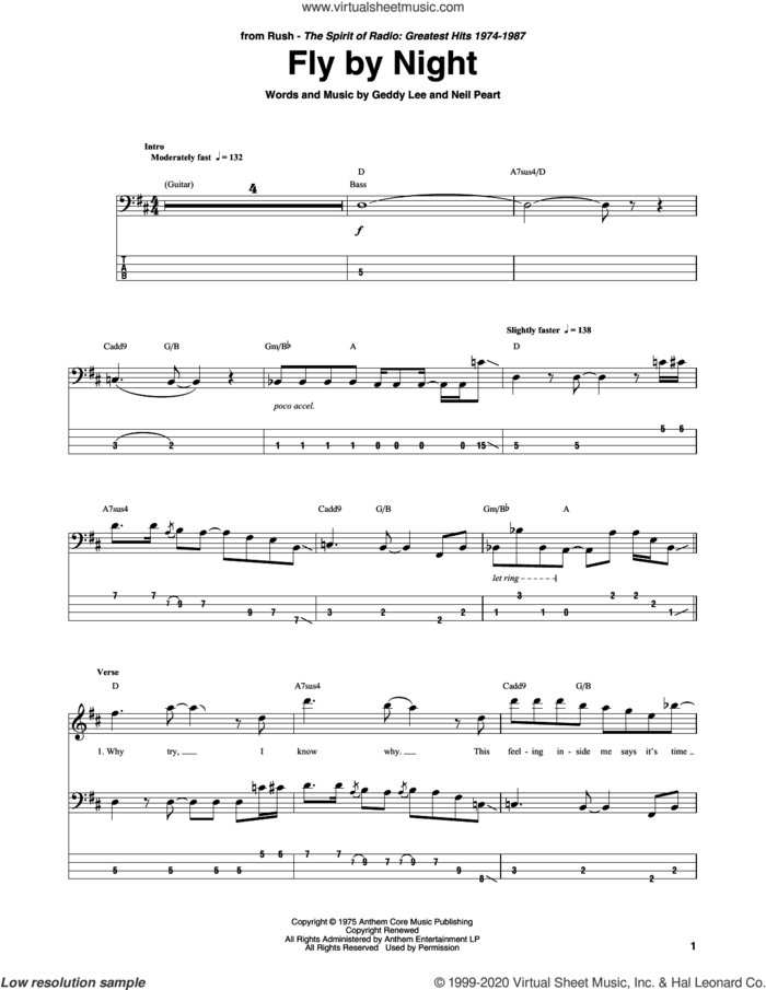 Fly By Night sheet music for bass (tablature) (bass guitar) by Rush, Geddy Lee and Neil Peart, intermediate skill level