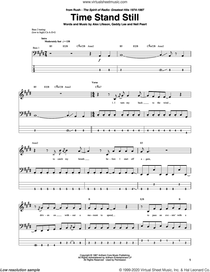 Time Stand Still sheet music for bass (tablature) (bass guitar) by Rush, Alex Lifeson, Geddy Lee and Neil Peart, intermediate skill level