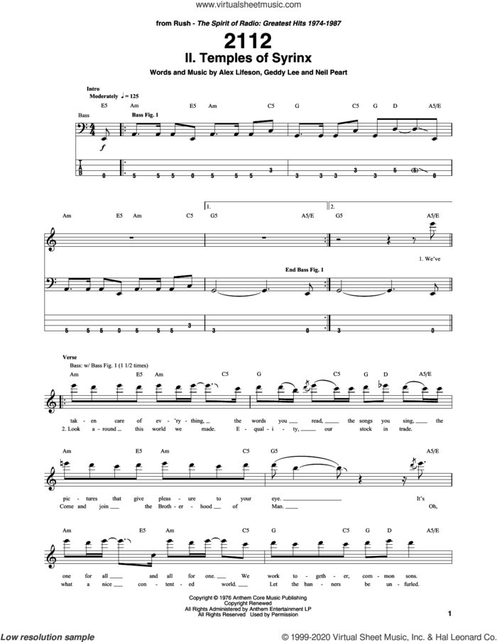2112 - II. The Temples Of Syrinx sheet music for bass (tablature) (bass guitar) by Rush, Alex Lifeson, Geddy Lee, Geddy Lee Weinrib and Neil Peart, intermediate skill level