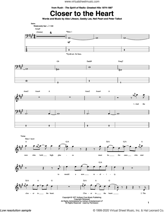 Closer To The Heart sheet music for bass (tablature) (bass guitar) by Rush, Alex Lifeson, Geddy Lee, Neil Peart and Peter Talbot, intermediate skill level