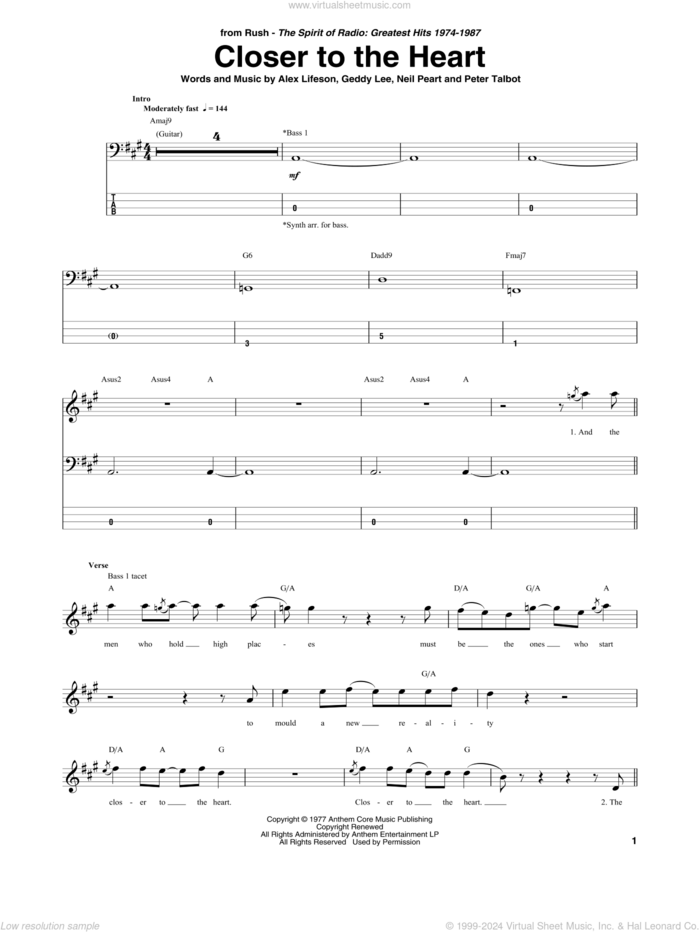 Closer To The Heart sheet music for bass (tablature) (bass guitar) by Rush, Alex Lifeson, Geddy Lee, Neil Peart and Peter Talbot, intermediate skill level