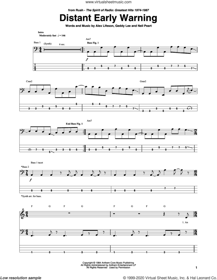 Distant Early Warning sheet music for bass (tablature) (bass guitar) by Rush, Alex Lifeson, Geddy Lee and Neil Peart, intermediate skill level