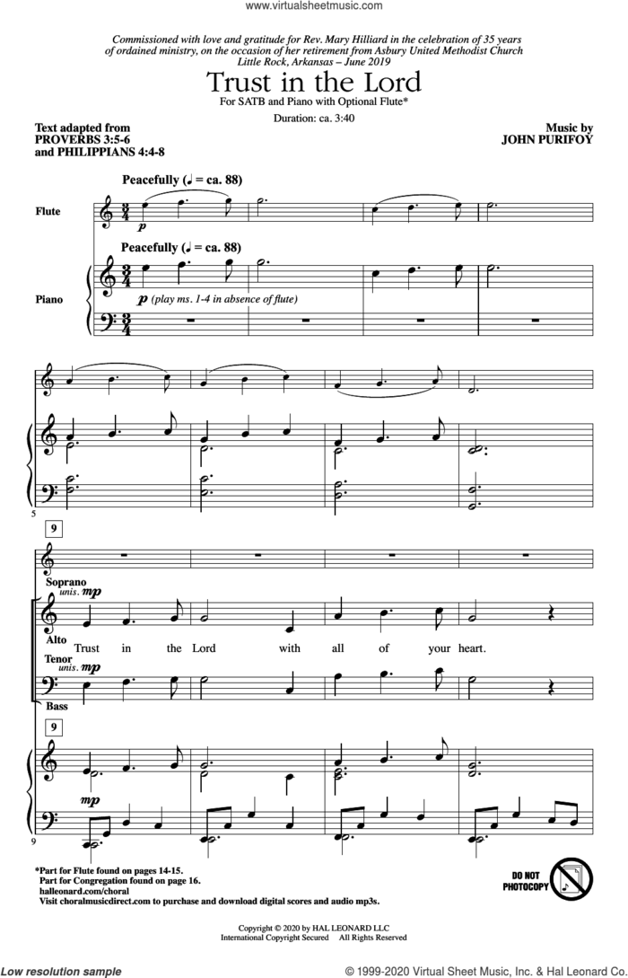 Trust In The Lord sheet music for choir (SATB: soprano, alto, tenor, bass) by John Purifoy, Philippians 4:4-8 and Proverbs 3:5-6, intermediate skill level
