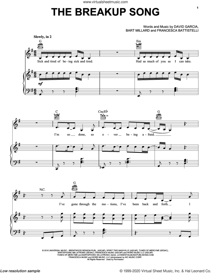 The Breakup Song sheet music for voice, piano or guitar by Francesca Battistelli, Bart Millard and David Garcia, intermediate skill level