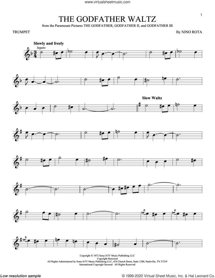 The Godfather Waltz sheet music for trumpet solo by Nino Rota, intermediate skill level