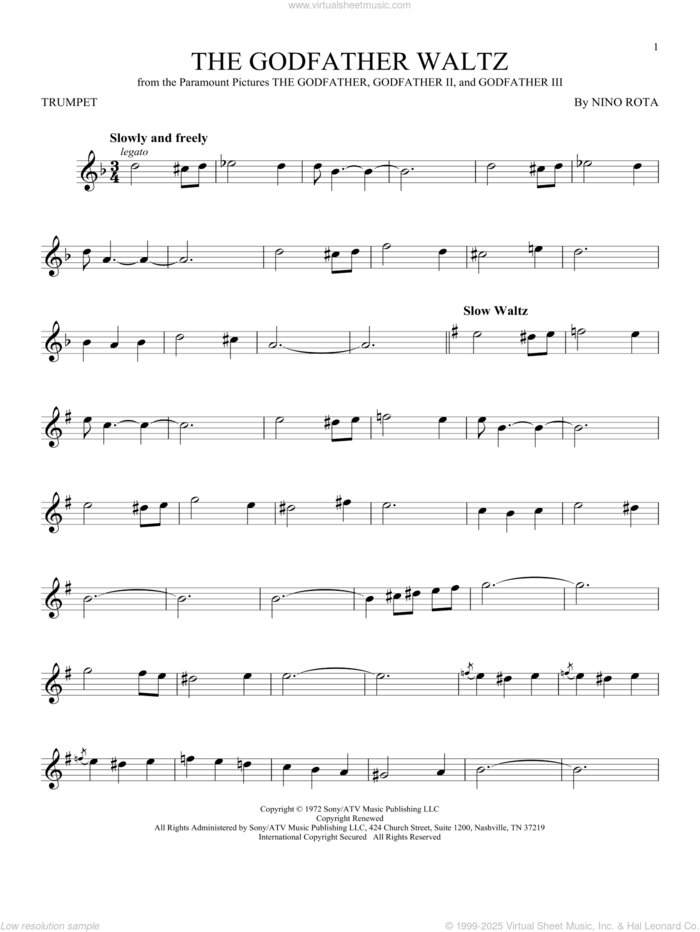 The Godfather Waltz sheet music for trumpet solo by Nino Rota, intermediate skill level