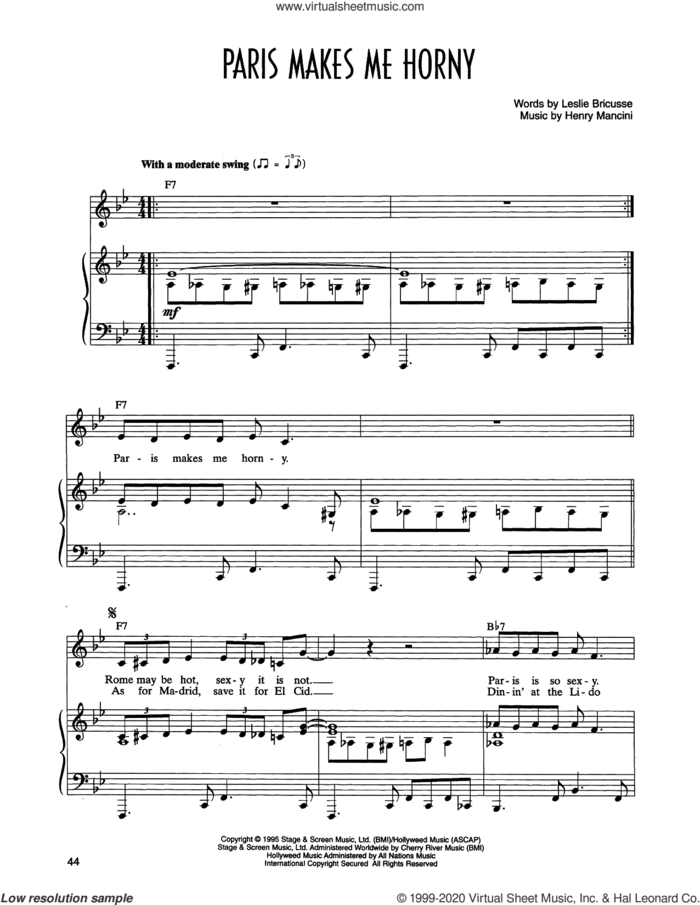 Paris Makes Me Horny (from Victor/Victoria) sheet music for voice and piano by Leslie Bricusse, Henry Mancini and Leslie Bricusse and Henry Mancini, intermediate skill level