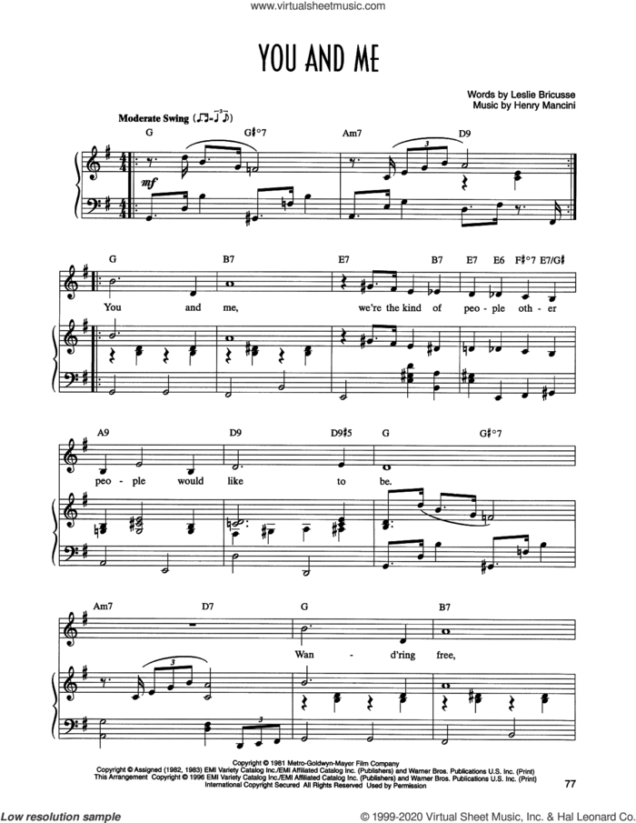 You And Me (from Victor/Victoria) sheet music for voice and piano by Henry Mancini, Leslie Bricusse and Leslie Bricusse and Henry Mancini, intermediate skill level