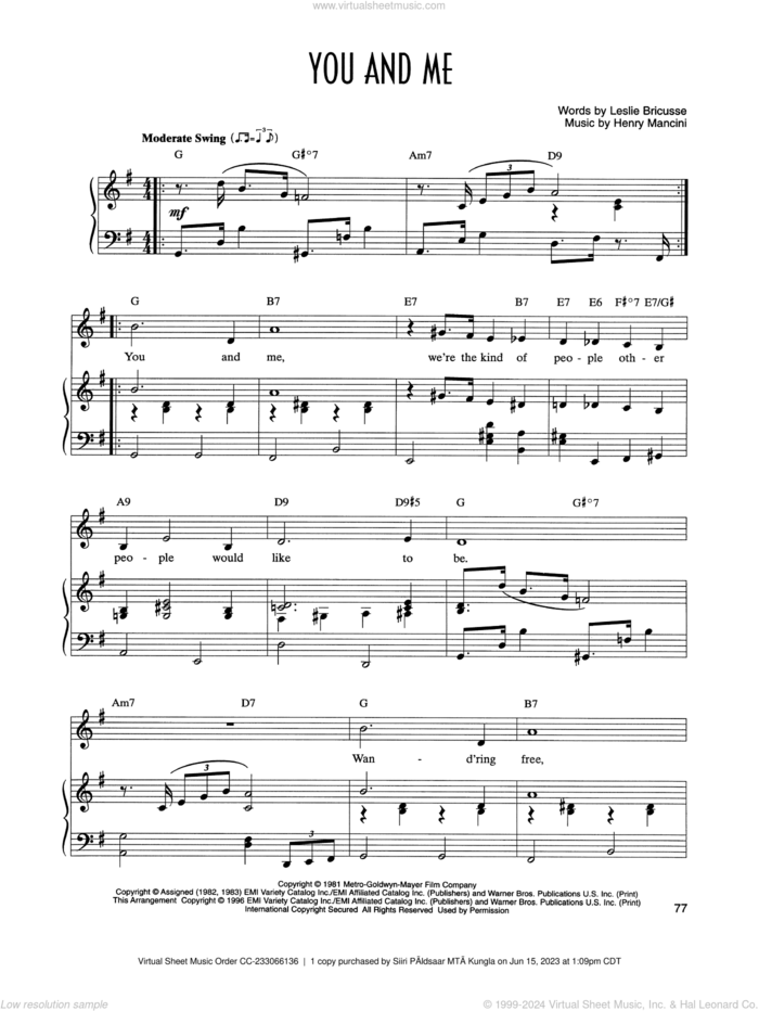 You And Me (from Victor/Victoria) sheet music for voice and piano by Leslie Bricusse, Henry Mancini and Leslie Bricusse and Henry Mancini, intermediate skill level