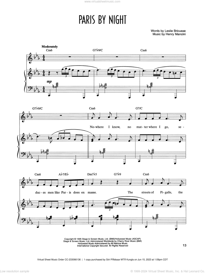 Paris By Night (from Victor/Victoria) sheet music for voice and piano by Leslie Bricusse, Henry Mancini and Leslie Bricusse and Henry Mancini, intermediate skill level