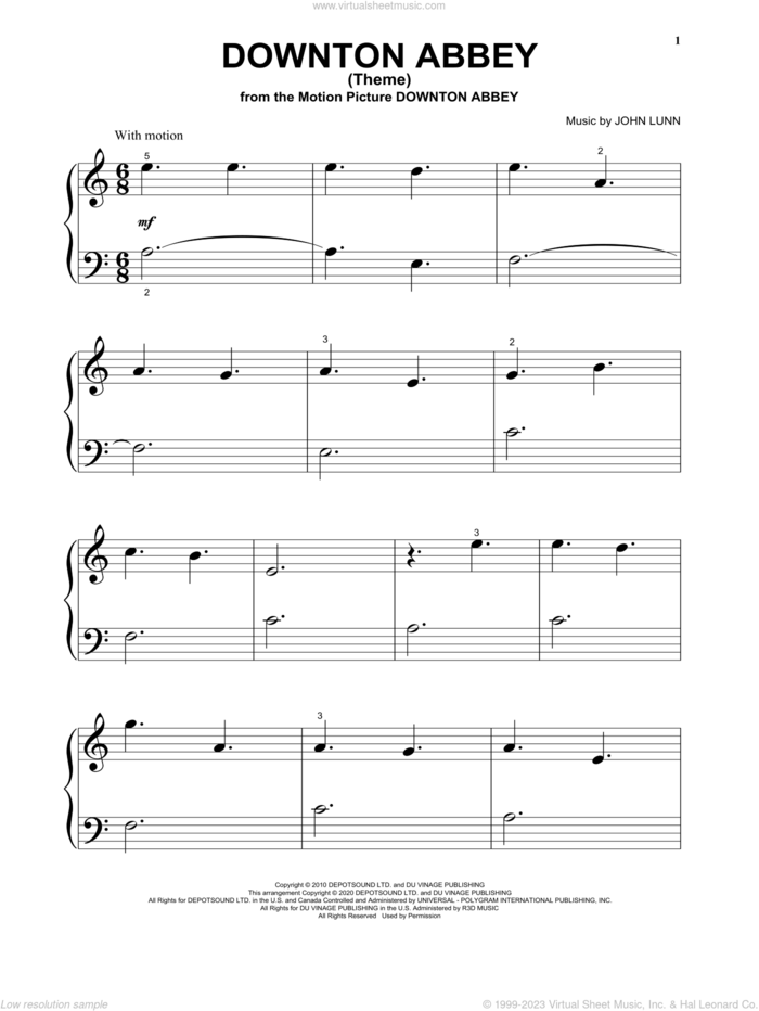 Downton Abbey (Theme) (from the Motion Picture Downton Abbey) sheet music for piano solo by John Lunn, beginner skill level